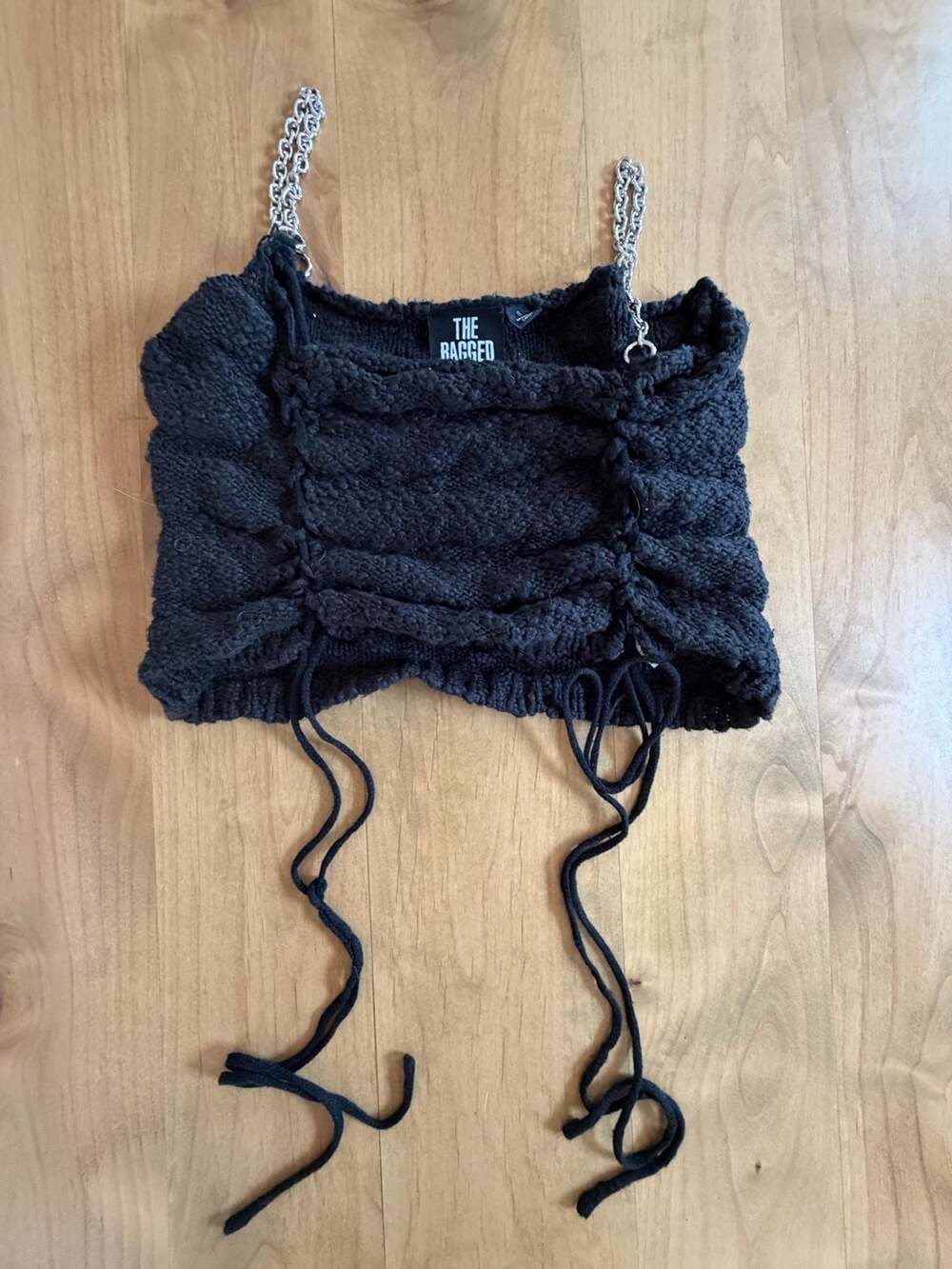 The Ragged Priest Black Knit Chain Strap Corset Crop Top Sz 8
